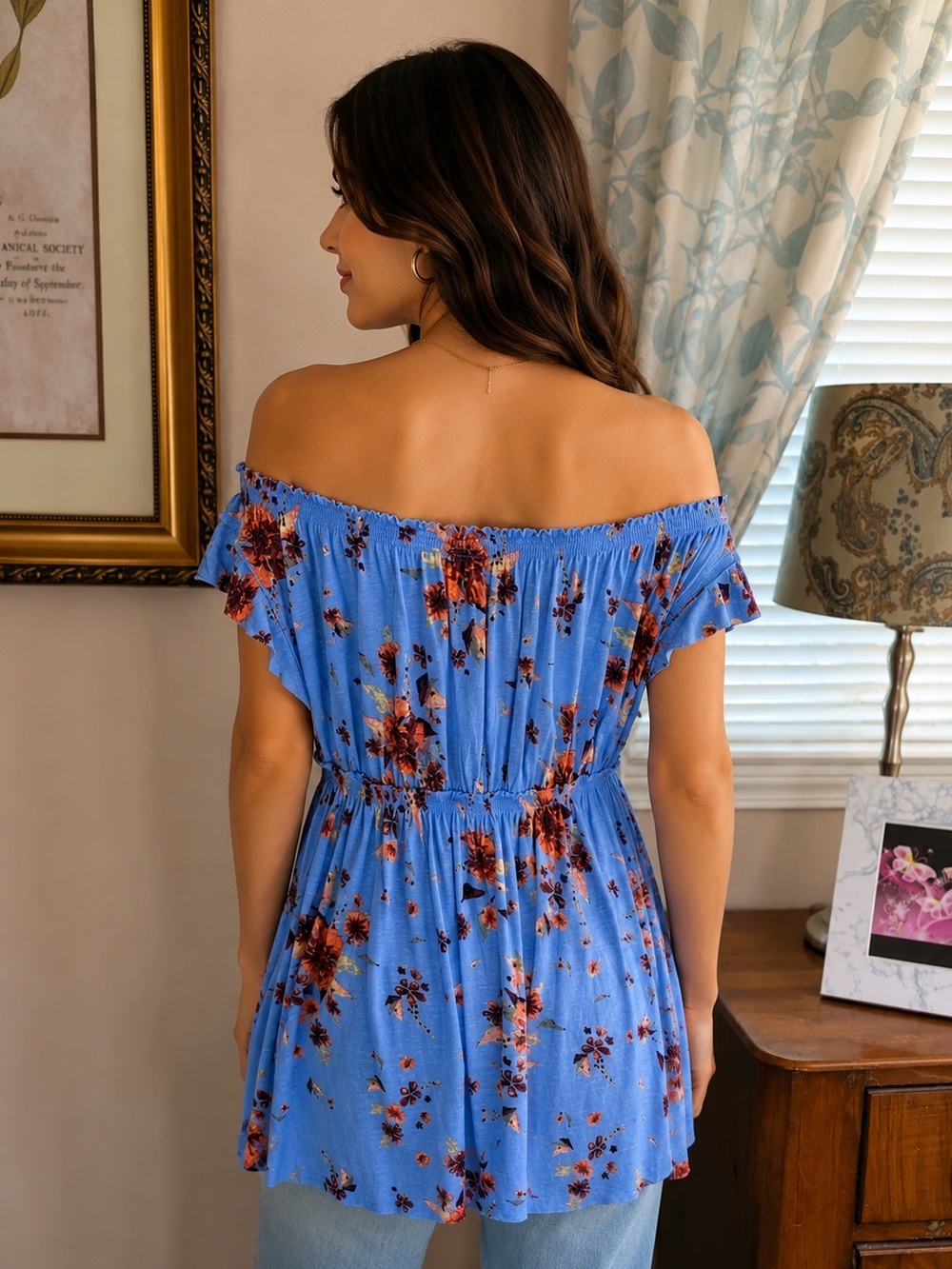 FREE PEOPLE We The Free Sam Lightweight Blue Floral Off Shoulder Top - Picture 2 of 9
